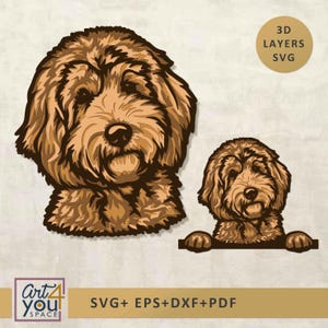 Puede incluir: Un diseño de perro marrón en capas con el texto "3D LAYERS SVG". El diseño incluye una cabeza de perro grande y un perro más pequeño con las patas sobre una repisa. La parte inferior de la imagen tiene el texto "SVG+ EPS+DXF+PDF".