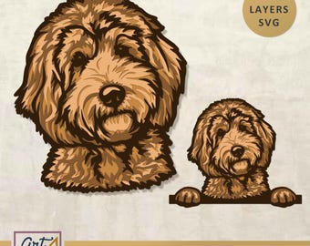 May include: A layered brown dog design with the text "3D LAYERS SVG". The design includes a large dog head and a smaller dog with paws over a ledge. The bottom of the image has the text "SVG+ EPS+DXF+PDF".
