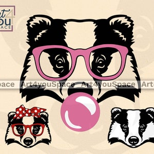 May include: A digital illustration featuring three badger designs. One badger wears pink glasses and blows a pink bubble. Another wears a red bow and red glasses. The third badger is a simple black and white head.