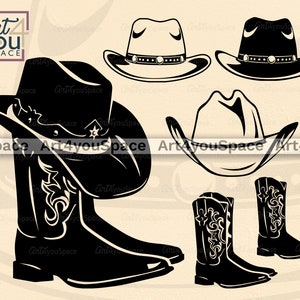 Cowboy Boot Hat Svg Fichiers pour Cricut, Western Country Clipart, Cowgirl Vector Graphics, Png Dxf Télécharger, Art imprimable, Shoe Svg Bundle Set