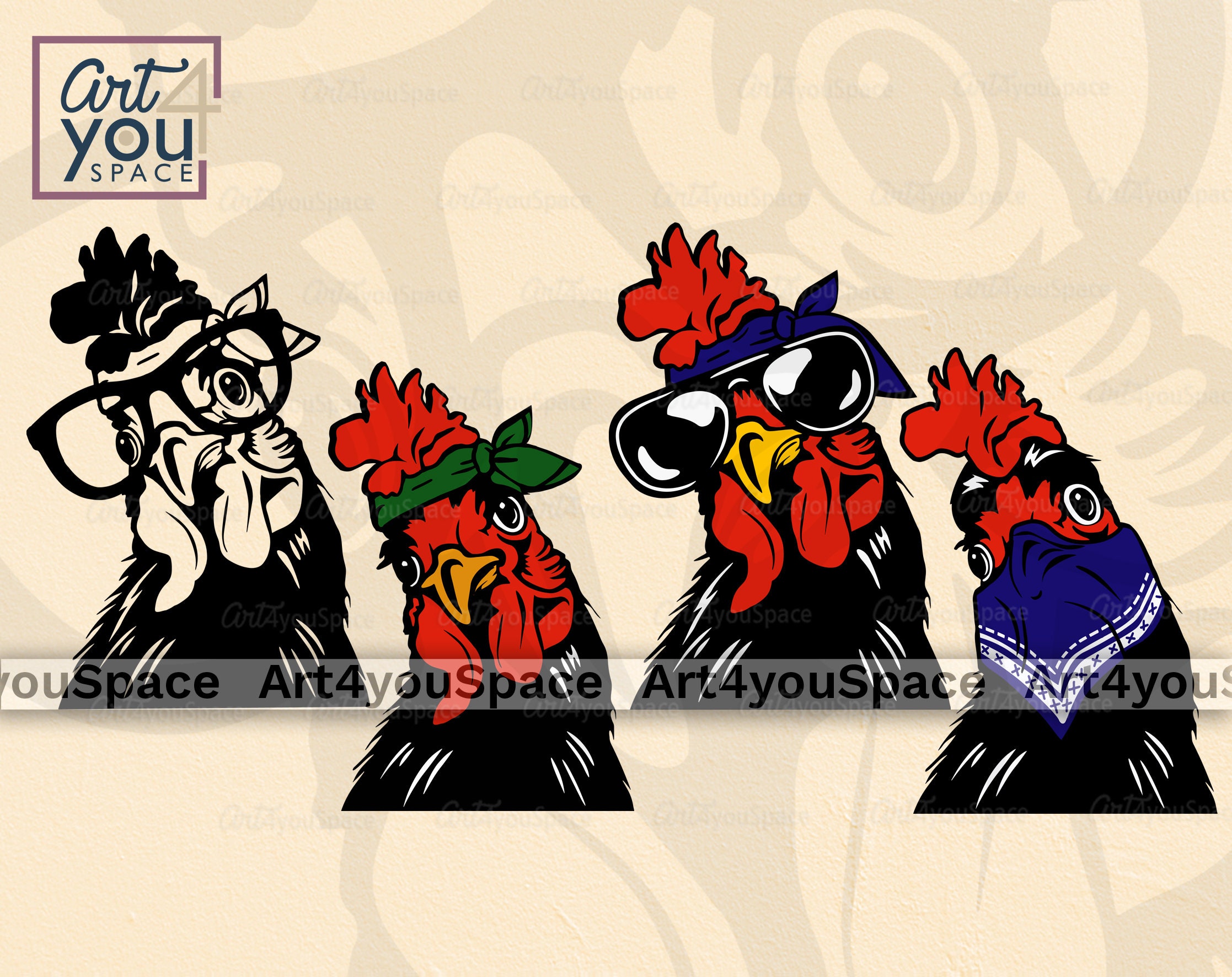 Download Rooster With Bandana Glasses Svg Files For Cricut Clipart Farm Animal Chiken Head Face Vector Download Printable Png Dxf Shirt Design