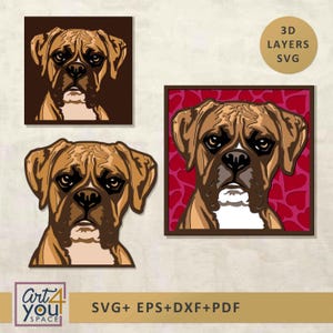 May include: Three images of a Boxer dog's face in a digital art style. The dog is tan and brown with a white muzzle. One image is on a brown background, another on a red heart-patterned background, and the third is a cutout. Text reads "3D LAYERS SVG" and "Art 4 You Space".
