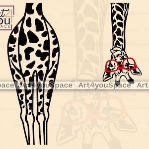Pode incluir: Silhueta preta e branca de uma girafa usando &oacute;culos vermelhos. A girafa est&aacute; olhando para baixo para os &oacute;culos. O fundo &eacute; marrom claro.