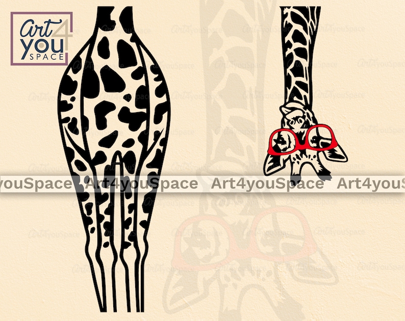 Pode incluir: Silhueta preta e branca de uma girafa usando &oacute;culos vermelhos. A girafa est&aacute; olhando para baixo para os &oacute;culos. O fundo &eacute; marrom claro.