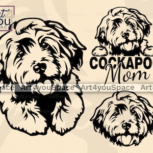 Cockapoo hond SVG Cricut, schattige puppy clipart, download png, ras vector, dxf, afdrukbare kunst, mini cockapoo moeder ontwerp, gezicht huisdier poten, hoofd