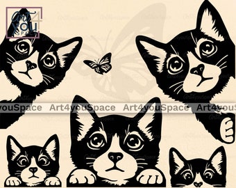 Cute Cat SVG files for Cricut, tuxedo Kitten Vector, shirt design, Peeking animal face Clipart printable, Download png dxf EPS, butterfly