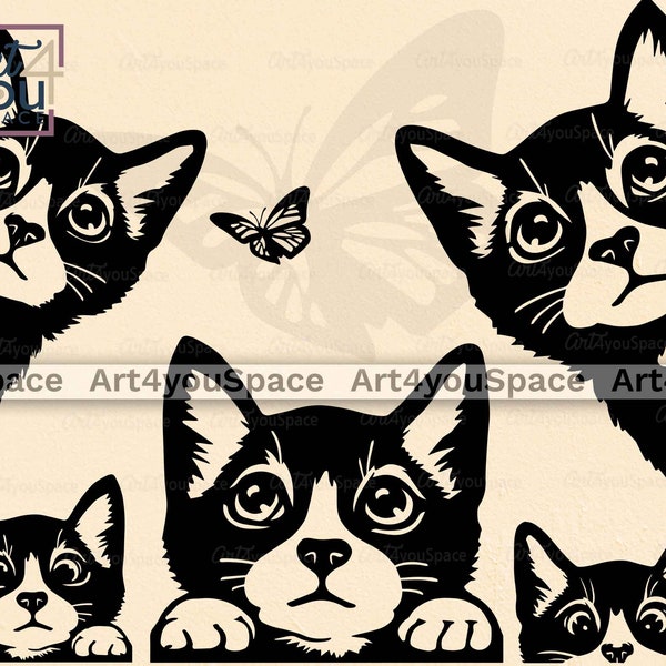 Süße Katze SVG-Dateien für Cricut, Smoking-Kätzchen-Vektor, Shirt-Design, Spähendes Tiergesicht Clipart zum Ausdrucken, Download png dxf EPS, Schmetterling