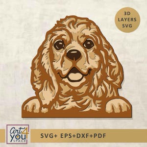 May include: A layered, 3D-style illustration of a Cocker Spaniel dog in shades of brown and tan. The dog is smiling with its paws visible. The image includes the text "3D LAYERS SVG" and "SVG+ EPS+DXF+PDF".