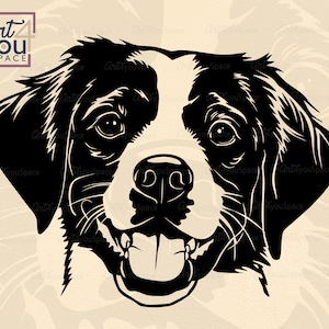 Brittany Spaniel svg, file svg di cane per cricut, carino viso testa, razza da caccia immagine vettoriale DXF clipart download, stencil per maglietta stampabile png