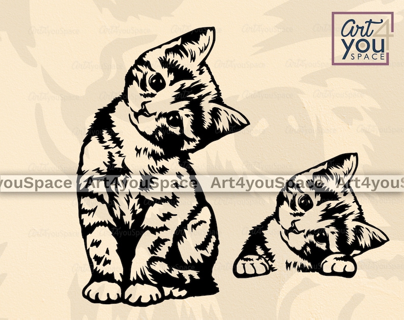 May include: Two black and white illustrations of kittens. One kitten is sitting with its head tilted back, while the other kitten is lying down with its head tilted to the side. Both kittens have striped fur.
