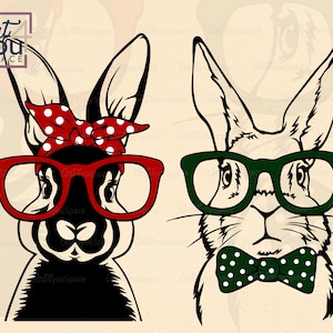 Rabbit SVG, Bunny glasses bandana, svg files for cricut, Easter clipart, Realistic face Vector graphics, Rabbit Head png, Printable art, dxf