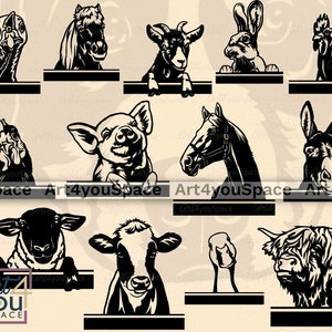 May include: A set of 10 black and white silhouette images of various animals, including a rooster, pig, goat, horse, donkey, rabbit, cow, sheep, and duck. The images are perfect for creating custom signs, wall art, or other crafts.