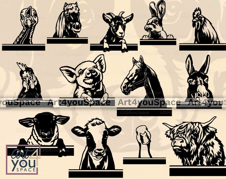 May include: A set of 10 black and white silhouette images of various animals, including a rooster, pig, goat, horse, donkey, rabbit, cow, sheep, and duck. The images are perfect for creating custom signs, wall art, or other crafts.