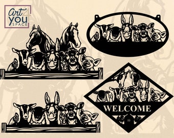 May include: Black and white silhouette cutouts of farm animals, including horses, goats, sheep, pigs, and a donkey. The animals are arranged in a row, with the horses at the ends and the other animals in the middle. The cutouts are on a white background. The words "WELCOME" are displayed on a diamond-shaped cutout.