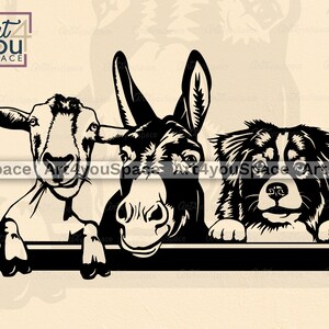 May include: Black and white illustration of a goat, donkey, and dog peeking over a black fence. The animals are looking at the viewer with curious expressions.