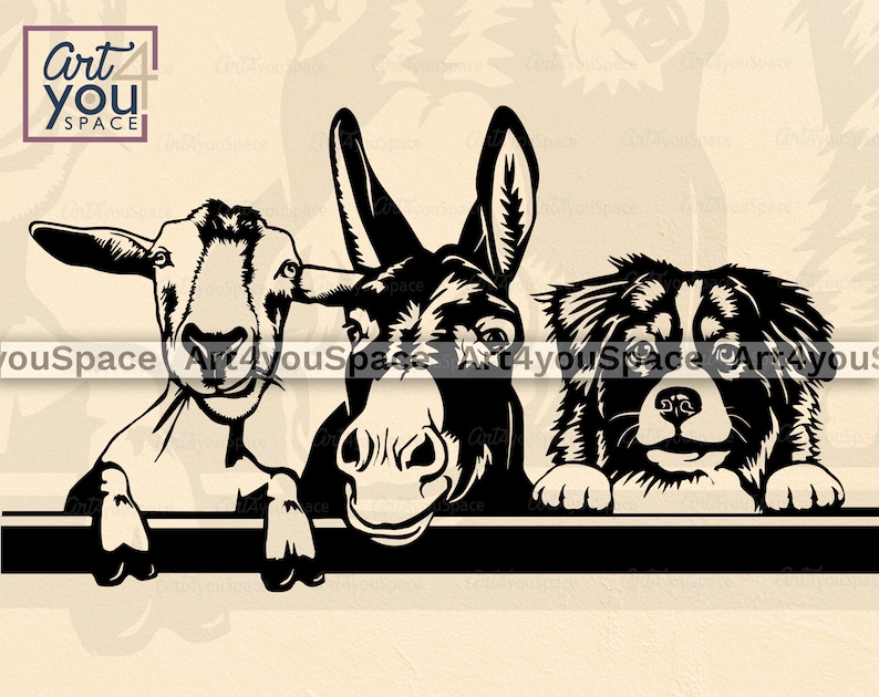 May include: Black and white illustration of a goat, donkey, and dog peeking over a black fence. The animals are looking at the viewer with curious expressions.