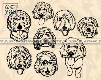 May include: A set of eight black and white illustrations of doodle dogs. The dogs are all facing forward and have their tongues sticking out. The illustrations are in a cartoon style.