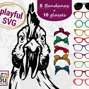 Huhn mit Brille, Huhn mit Brille, Hut, Huhn mit Brille, Hut, Schere, Hut, Schere, Hut, Schere, Hut, Schere, Hut, Schere