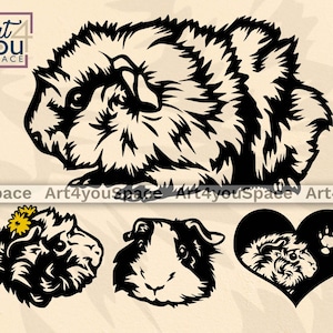 May include: Black and white silhouette illustrations of guinea pigs in various poses. One guinea pig is shown in a heart shape, another is wearing a flower crown, and a third is shown in a realistic style.