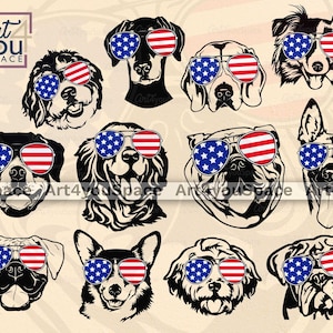 Patriotischer Hund mit amerikanischer Brille SVG-Datei für Cricut, Hund Gesicht Bundle USA Flagge Clipart Download, 4. Juli Vektor, png, dxf, printable art