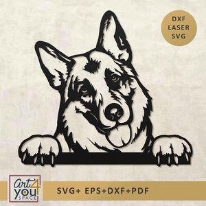 May include: Black metal cutout of a smiling dog's head, with its tongue sticking out. The dog's paws are visible at the bottom. The image includes the text "Art 4 You Space" and "SVG+ EPS+DXF+PDF". A gold circle reads "DXF LASER SVG".