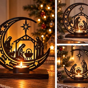 May include: A dark brown wooden nativity scene silhouette shaped like a crescent moon, featuring a stable, figures, and a star. The cutout design sits on a rectangular wooden base with a circular holder for a small tea light candle.