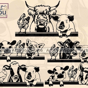 Clipart animaux de la ferme, fichiers svg pour cricut, cochon vache poulet, dxf de la vie à la ferme, téléchargement d'image vectorielle, art imprimable png, eps de la ferme