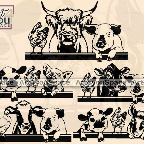 Clipart animali da fattoria, file svg per cricut, maiale mucca pollo che sbircia, vita in fattoria dxf, download di immagini vettoriali, arte stampabile png, fattoria eps