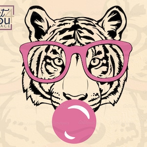 Tiger svg, tiger with glasses bubble gum, Cricut, funny Wild Animal head Clipart, mascot logo Vector, Download PNG, dxf, printable graphics
