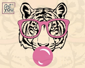 Tiger svg, tiger with glasses bubble gum, Cricut, funny Wild Animal head Clipart, mascot logo Vector, Download PNG, dxf, printable graphics