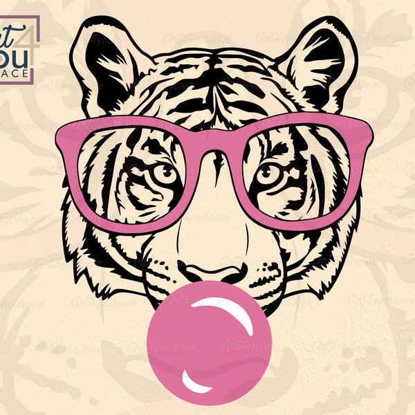 Tiger svg, tiger with glasses bubble gum, Cricut, funny Wild Animal head Clipart, mascot logo Vector, Download PNG, dxf, printable graphics