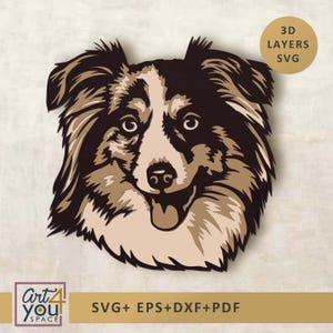 Peut inclure: Un design SVG 3D en couches d'un visage de chien, avec des nuances de marron, de beige et de blanc. Le design comprend le texte "3D LAYERS SVG" et "SVG+ EPS+DXF+PDF". Le logo "Art 4 You Space" est également visible.