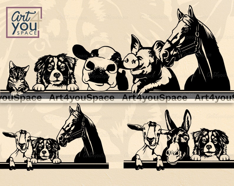 May include: Black and white silhouette illustration of a cow, pig, horse, dog, and cat peeking over a fence. The animals are all looking at the viewer. The text "Art4youSpace" is at the bottom of the image.