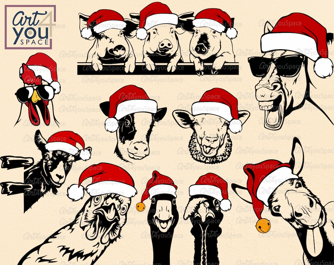 Christmas Farm Animals SVG Bundle, Animals Santa Hat Clipart Cricut
