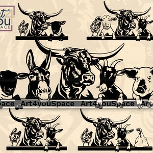 Livestock SVG files for Cricut, Farm animals Clipart, Chicken Goat Sheep Pig Donkey Steer Vector Download, Farmhouse Premade Logo Design Png
