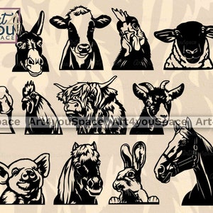 May include: Black and white silhouette illustrations of various farm animals, including a cow, pig, horse, rooster, sheep, duck, goat, and a highland cow.