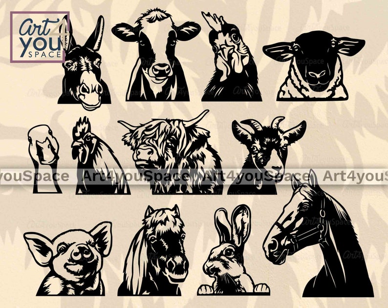 May include: Black and white silhouette illustrations of various farm animals, including a cow, pig, horse, rooster, sheep, duck, goat, and a highland cow.