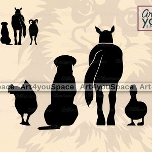 May include: Black silhouette illustrations of farm animals and pets, including a dog, sheep, ram, duck, and rooster. The image has the text "Art4youSpace" in the background.