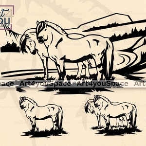 Norwegian Fjord Horse Svg File Cricut, WildLife Scene Vector, Farm Animal Clipart Download, Nature Mountine Png Afdrukbare Cut Dxf Silhouet