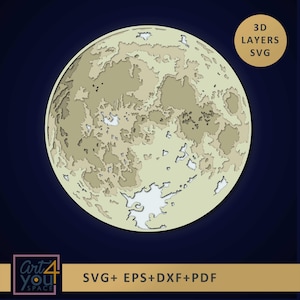 Può includere: Un design artistico in carta a strati della luna, con una superficie topografica dettagliata in tonalità beige e bianco. L'immagine include il testo "3D LAYERS SVG" e "SVG+ EPS+DXF+PDF". È presente anche il logo "Art 4 You Space".
