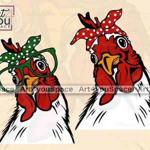 Fichiers svg poulet pour Cricut, clipart coq mignon, vecteur de ferme, visage tête bandana lunettes dxf, téléchargement png, art imprimable, fichier coupé
