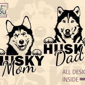 Husky SVG, hond clipart, Siberische Husky moeder vader cricut, hond portret, download, grappig gezicht hoofd, afdrukbare kunst, vector afbeelding, png, dxf ras