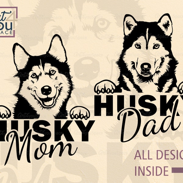 Husky SVG, Hund Clipart, Sibirische Husky Mama Papa Cricut, Hund Portrait, Download, lustiges Gesicht Kopf, druckbare Kunst, Vektor Bild, png, dxf Rasse