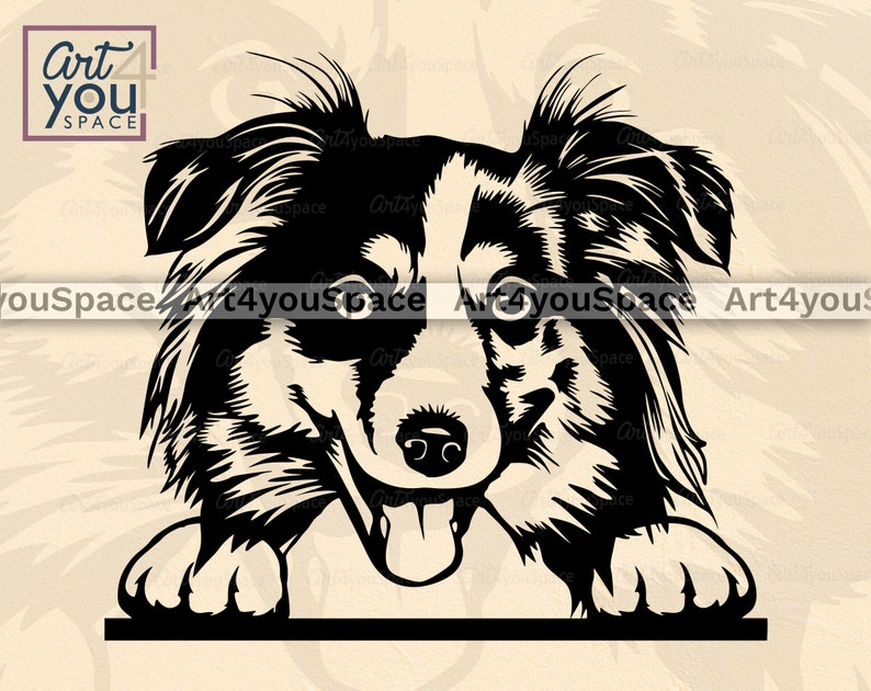 May include: Black and white illustration of a dog peeking over a surface. The dog has a long, fluffy coat and a happy expression.