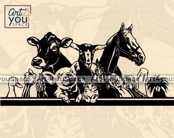 Farm animals clipart, svg files for cricut, Pig horse Goat Cow Chicken Roster Turkey Peeking duck, Farm dxf, Vector download, png printable