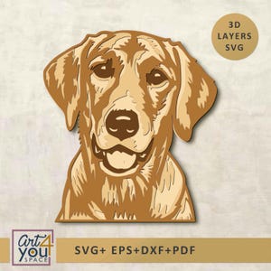 Puede incluir: Un diseño SVG 3D en capas de la cara de un perro golden retriever. La obra de arte presenta tonos de marrón y beige, con los ojos, la nariz y la boca del perro claramente definidos. El diseño incluye el texto "3D LAYERS SVG" y "SVG+ EPS+DXF+PDF".
