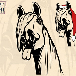 funny Horse Svg cricut, farm animal vector clipart, Christmas livestock head face, download, santa Hat png printable dxf silhouette cameo
