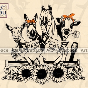 Bauernhof Tiere Sonnenblumen SVG Cricut, Vektor, Bauernhof Leben Clipart, Png, Dxf Bauernhaus Dekor druckbare Kunst, Herbst, Ziege Huhn Pferd Ente Schwein Kuh