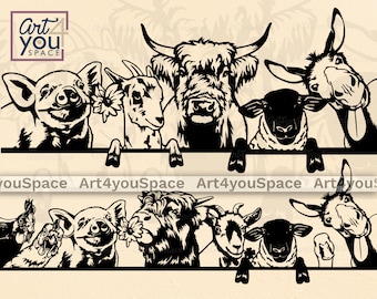 Farm animals Vector, svg files for cricut, Pig Sheep Donkey Chicken Roster Cow Peeking duck, Farm dxf, Clipart download, png printable art