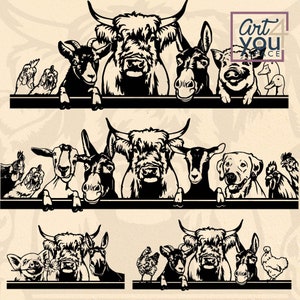 Vecteur d'animaux de la ferme, fichiers svg pour cricut, cochon vache Highland âne poulet canard chèvre peeking dxf, téléchargement des cliparts rustique, art png